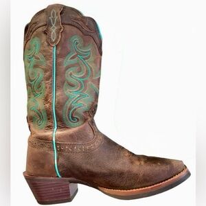Justin Brown Distressed Leather Western Boots Turquoise Stitching Square Toe 7